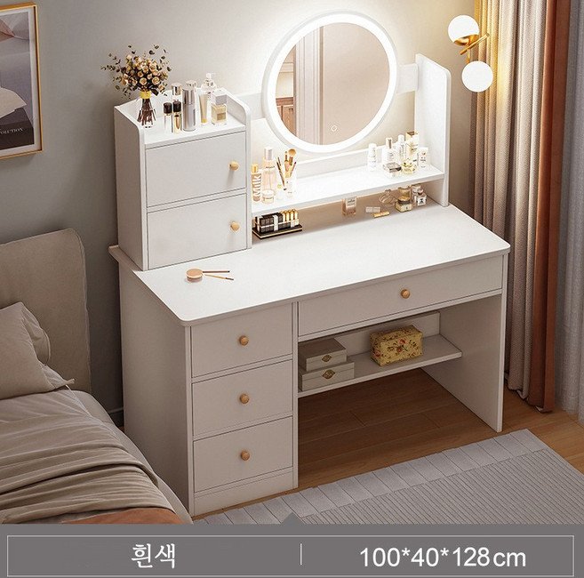 Tixpra 화장대+수납장+LED스마트미러 화장테이블 침실화장거울 심플 모던 럭셔리 프리미엄, 흰색할인