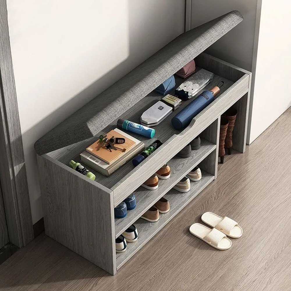 하루꿈 신발장 정리함 다용도 보관함 현관 의자 벤치형 신발 뚜껑 수납 스툴 신발 정리함, 2단, 그레이할인 상세 이미지 1