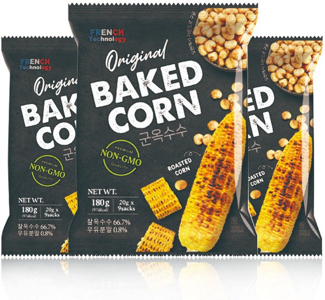 구운 옥수수 과자 찰옥수수 베이키드 콘 프로틴 10g함유 우유시즈닝 껍질제거 낱개포장 9개입, 3개, 180g할인