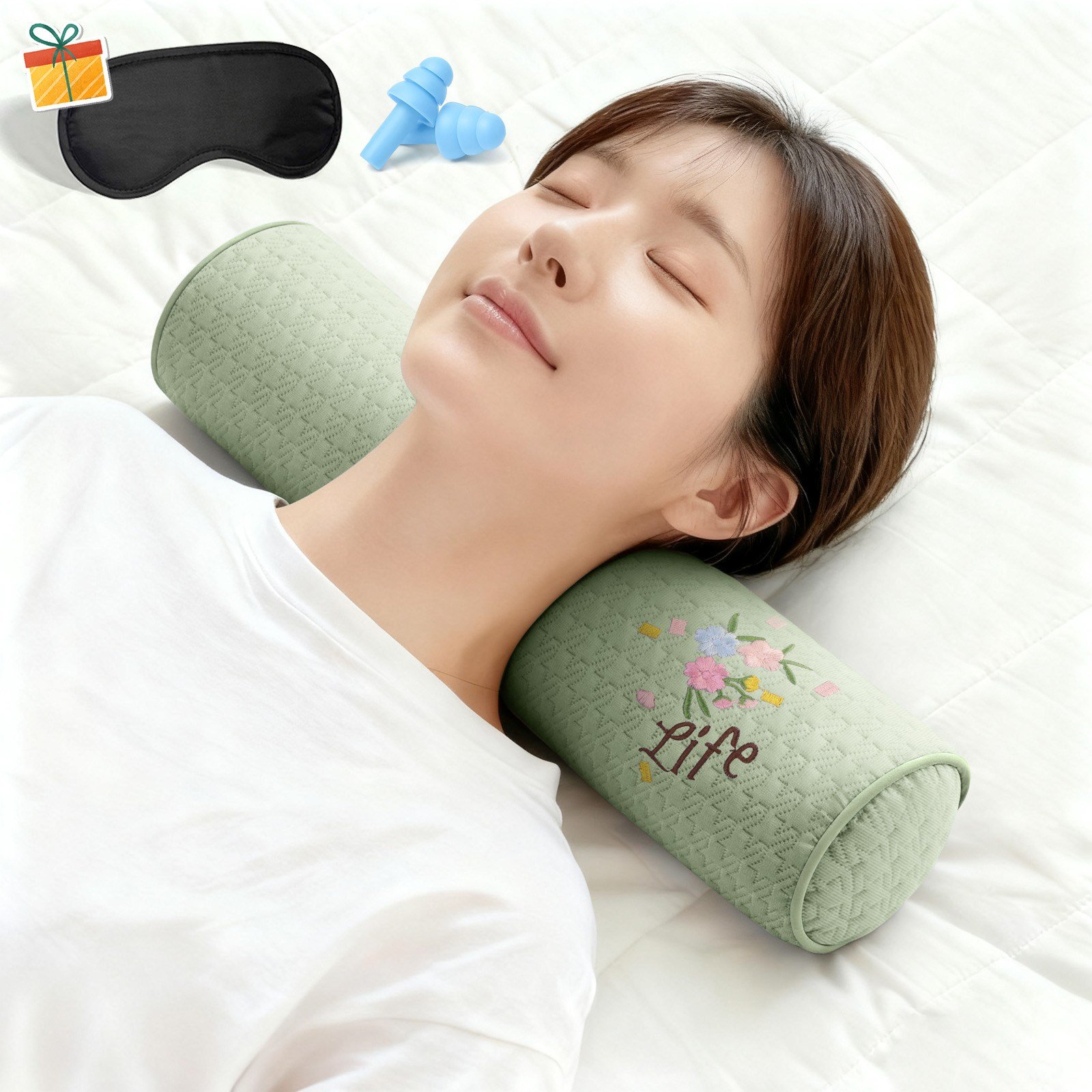 Norvee 인체공학 메밀 경추베개 3D 자수 디테일 높이조절 목지지 숙면 베개 거북목 완화, 그린, 1개 상세 이미지 1