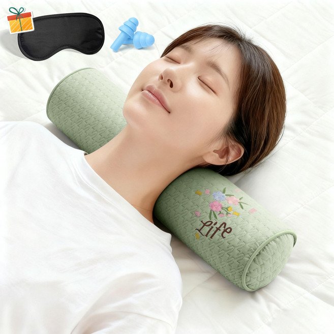 Norvee 인체공학 메밀 경추베개 3D 자수 디테일 높이조절 목지지 숙면 베개 거북목 완화, 그린, 1개