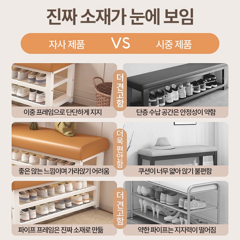 철제 현관의자 신발장의자 80CM 신발 정리 수납장, 2단, 화이트와 오렌지할인 상세 이미지 2