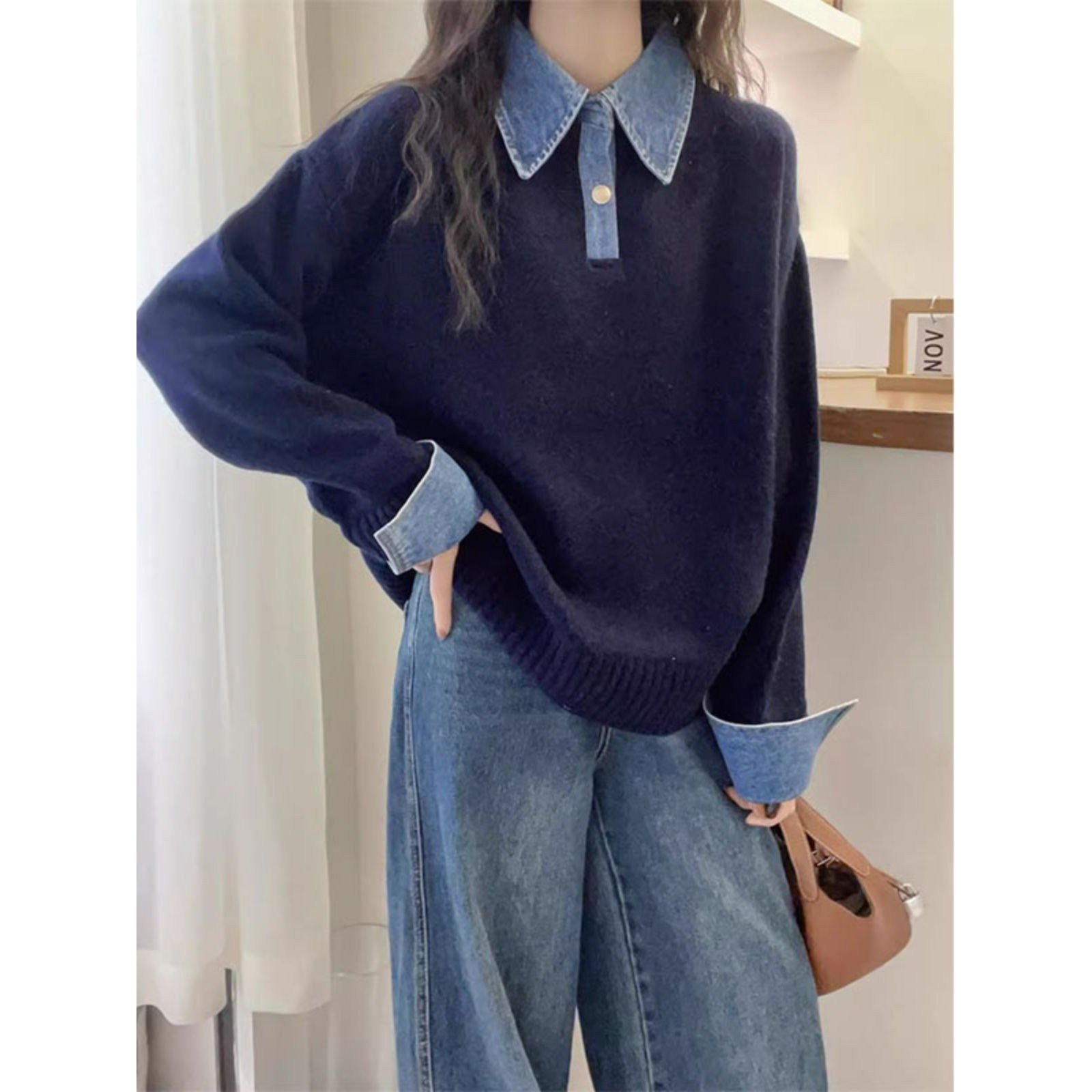 Seofst 여성 겨울 데님 배색 레이어드 니트 상세 이미지 2