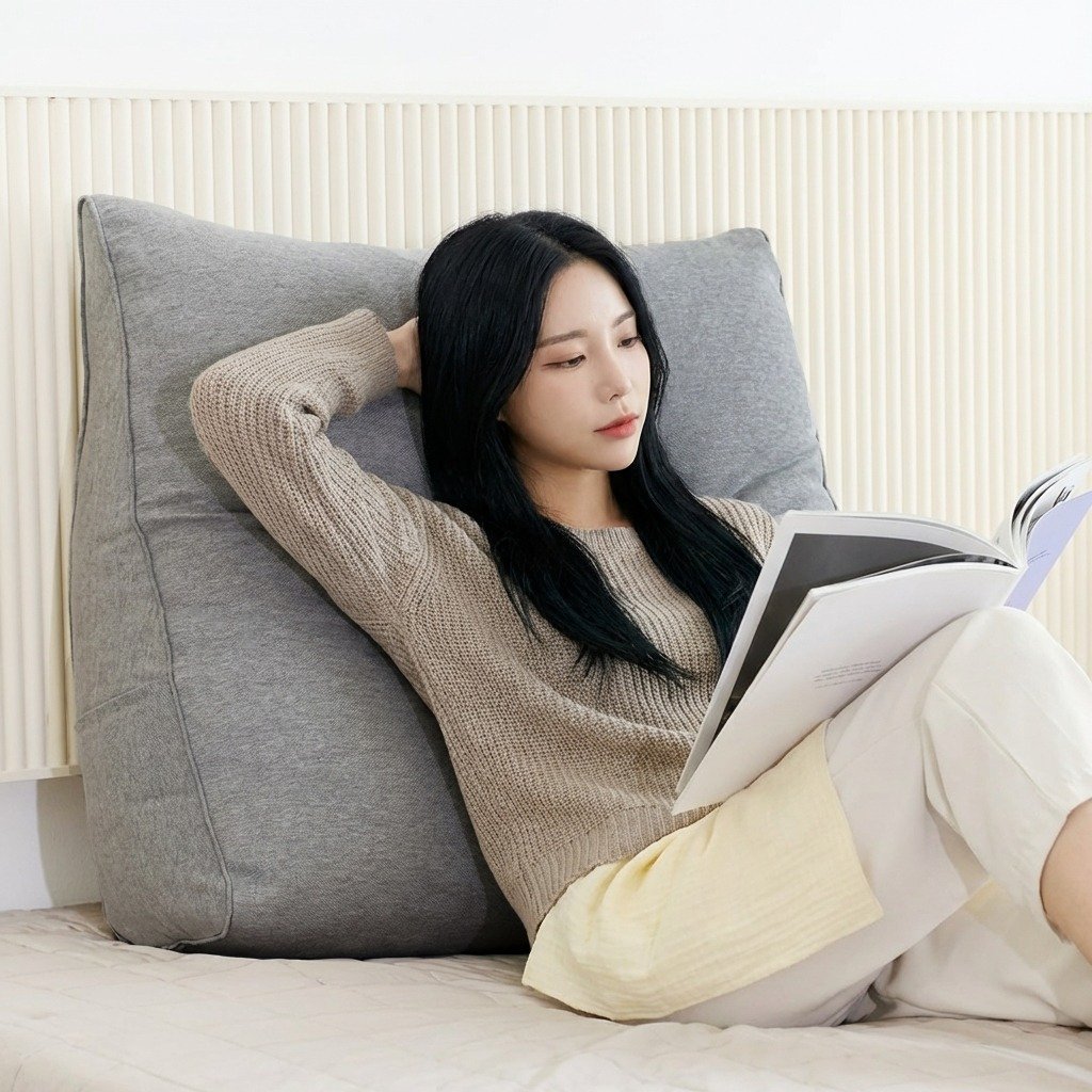 리넨 캔버스 삼각 등받이 쿠션 머리 목까지 지지 변형없는 세탁가능 허리 등쿠션 Yzontro, 라이트 그레이 상세 이미지 1