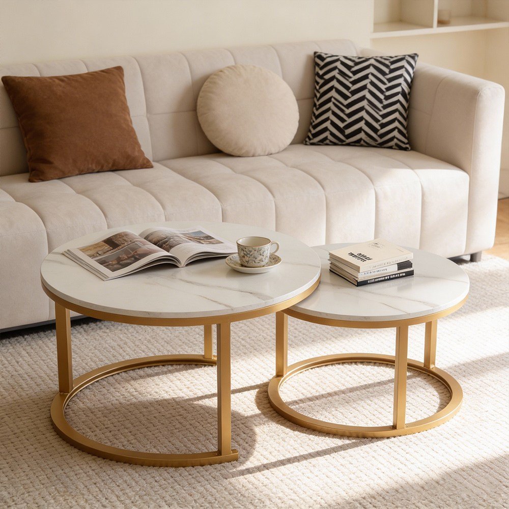Comfy Nest 원형 거실테이블 60CM-80CM 소파 테이블, 화이트+골드 상세 이미지 2